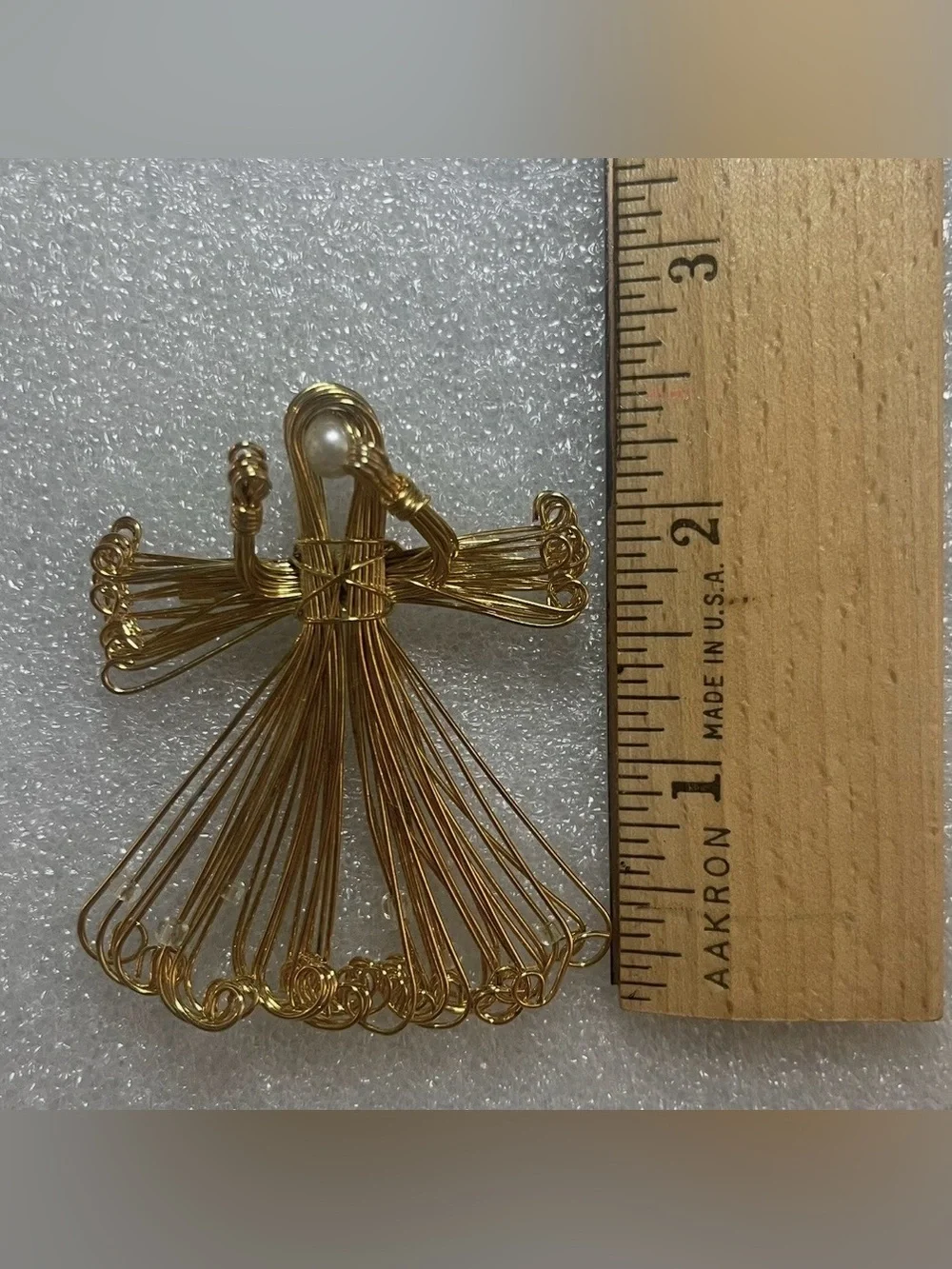 Vintage Wire Angel Brooch Pin Gold Tone Sliding Beads Pearl Christmas